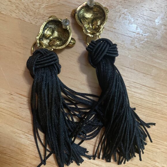 Long Black Tassel Earrings Hanging From Golden Leopard Face With Green Eyes - Picture 4 of 5
